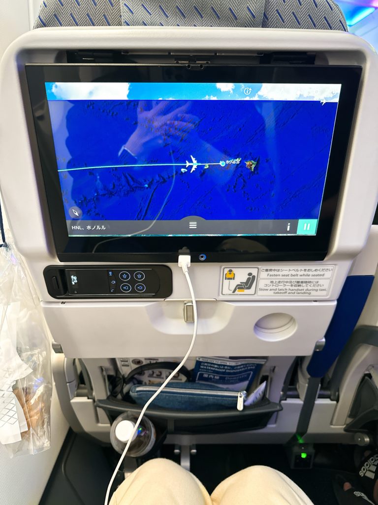 ANAフライングホヌの機内。大きな液晶画面にUSB（typeA）の充電器もついてます。