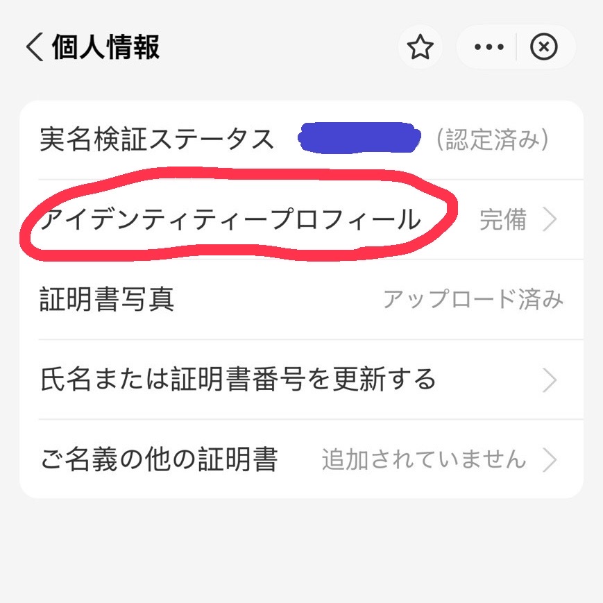 Alipayアプリでアイデンティティ＆プロフィールを選択する画面