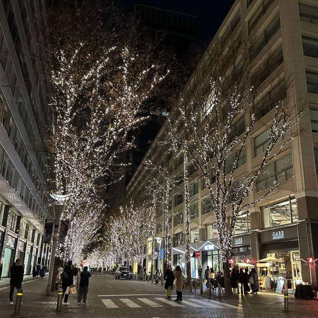 丸の内仲通、街路樹に飾られたクリスマスイルミネーション