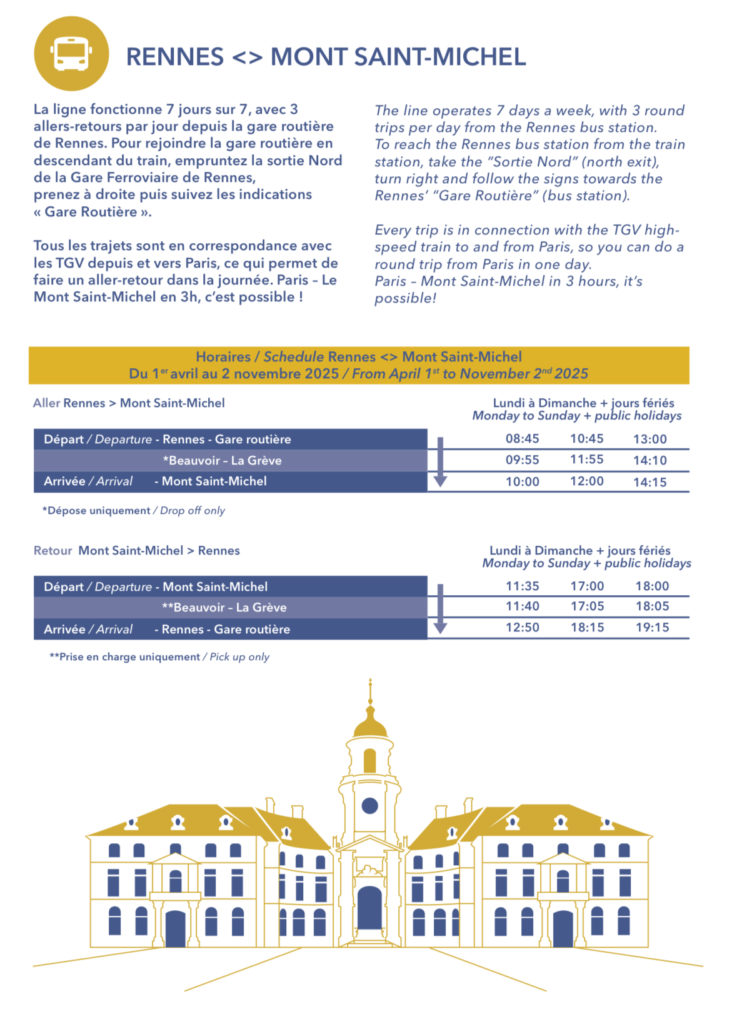 フランスのレンヌ駅からモンサンミッシェルをつなぐシャトルバスの時刻表