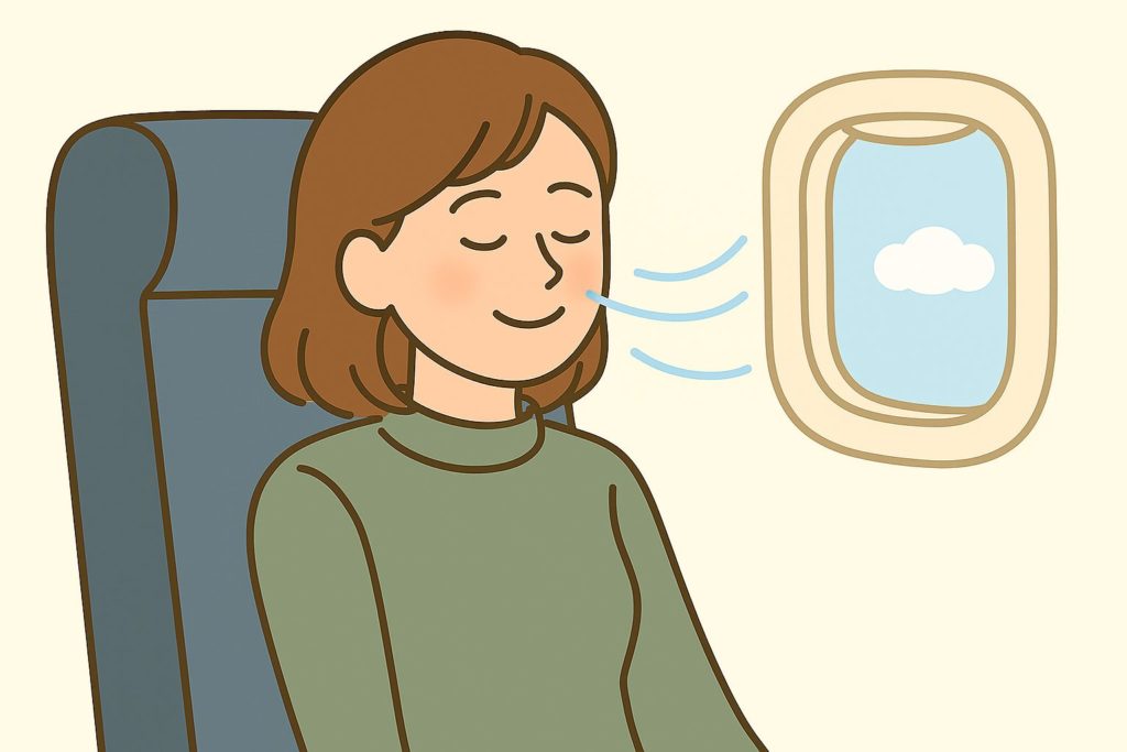 飛行機の機内で、鼻が通ったことににより、気圧の変化で耳が痛くなくなっている様子のイラスト