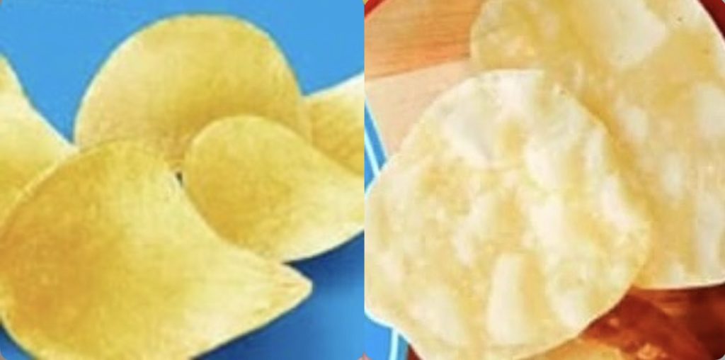 鼓膜の状態をポテトチップスで比較したイメージ。左のうすしおチップスは健康な鼓膜、右のO’ZACKは何度も穴をあけられ回復後の弱った鼓膜を表している。