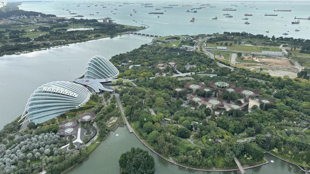 シンガポールにあるマリーナベイサンズ57階屋上。ガーデンズバイザベイ側の景色