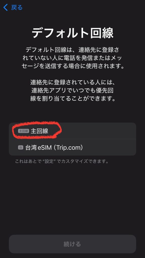 デュアルSIM環境でデフォルト回線を選択する設定画面。台湾eSIMと主回線のどちらを優先するかを選ぶステップ。