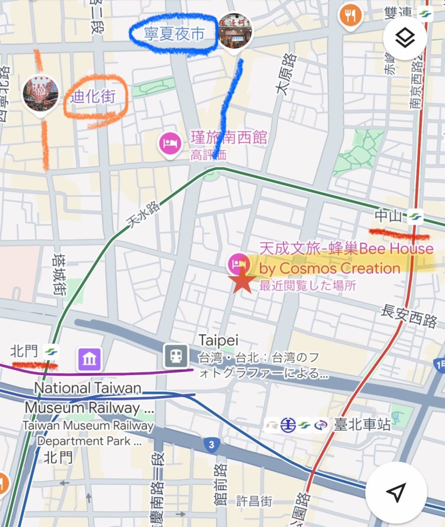 ビーハウス バイ コスモスクリエイション台北駅館と寧夏夜市・迪化街・中山駅・北門駅の位置関係マップ