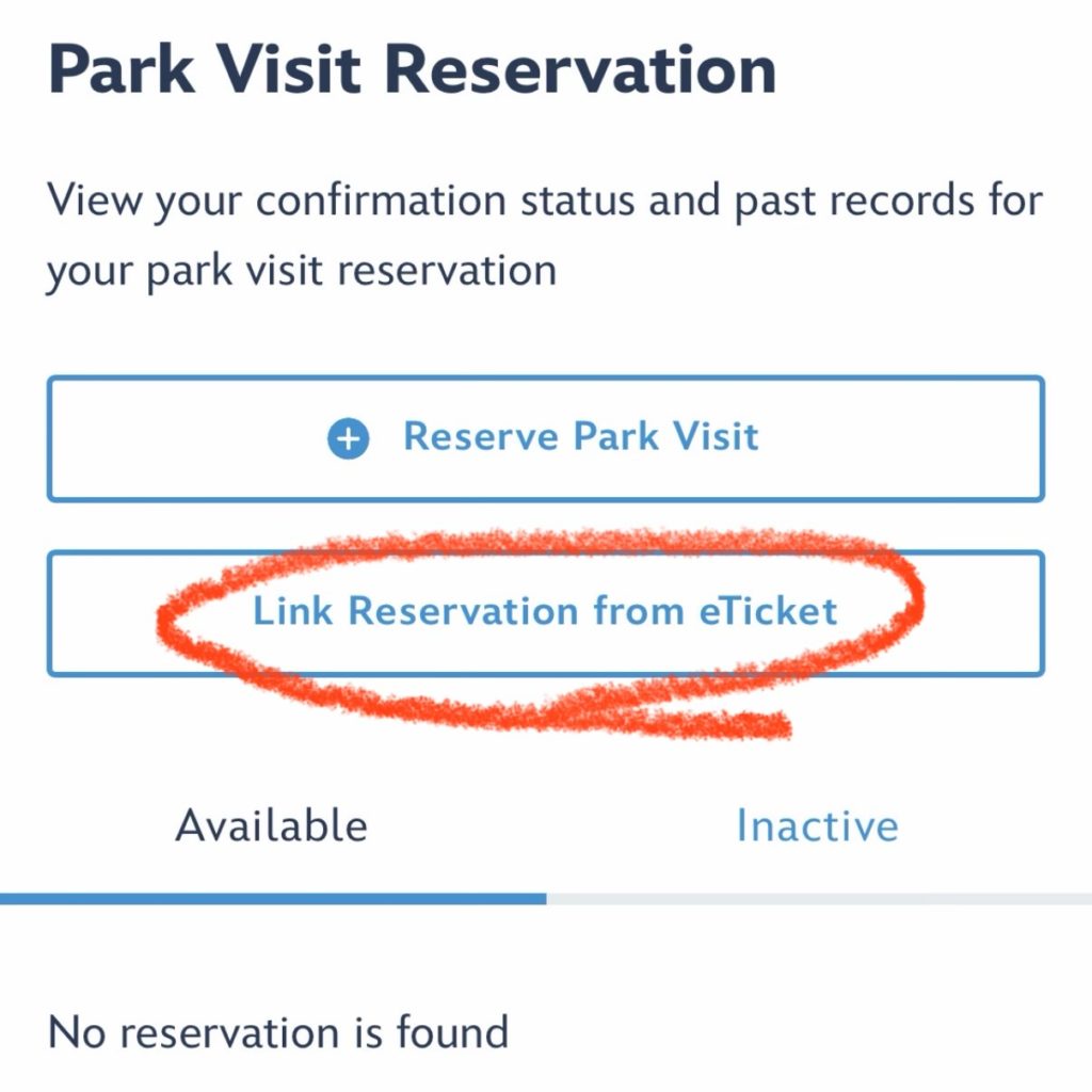 香港ディズニー公式アプリで「Link Reservation from eTicket」を選択する画面