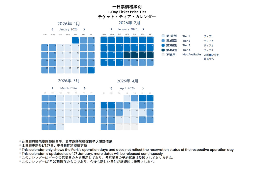 2026年1月～4月までの香港ディズニーランドのチケット料金ティアカレンダー